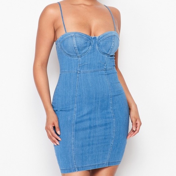 💙 Sexy Stretch Medium Wash Denim Sweetheart Bust Mini Dress (B) - Picture 2 of 5